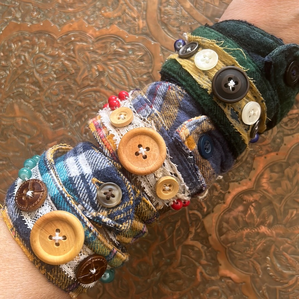Handmade upcycled lace button & bead stackable flannel fabric wrap bracelets